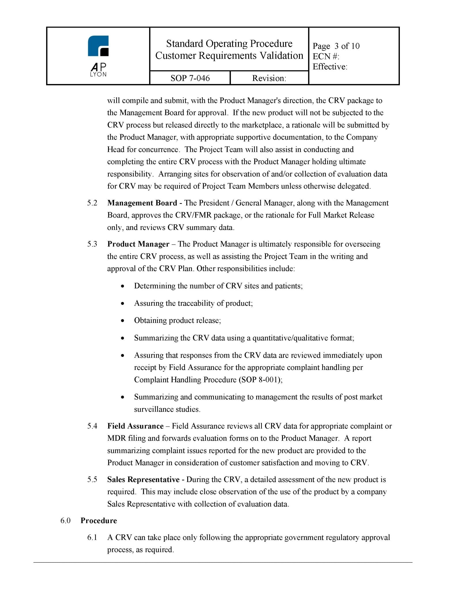 Medical Device Customer Requirements Validation Procedure - A. P. LYON