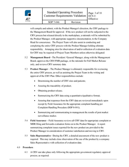 Medical Device Customer Requirements Validation Procedure - A. P. LYON