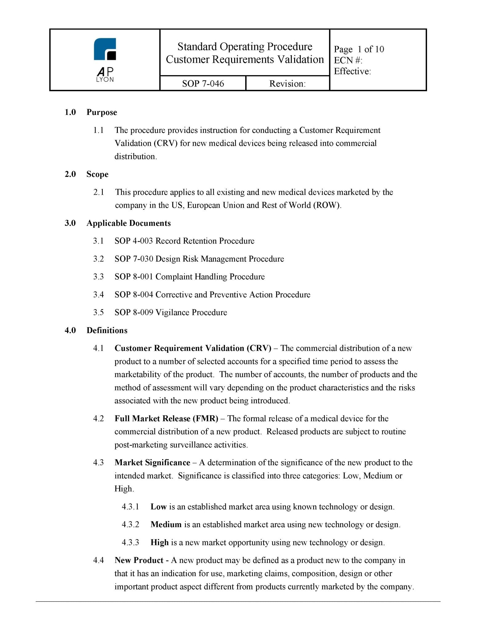 Medical Device Customer Requirements Validation Procedure – A. P. LYON