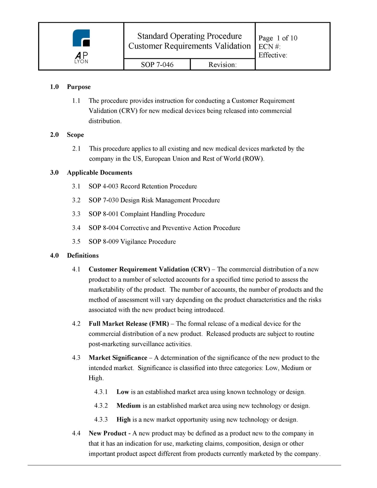 Medical Device Customer Requirements Validation Procedure - A. P. LYON