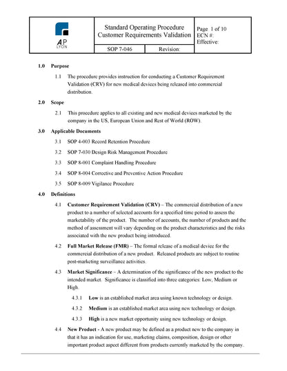 Medical Device Customer Requirements Validation Procedure - A. P. LYON