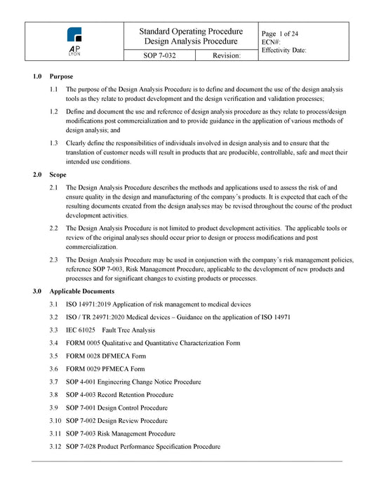 Medical Device Design Analysis Procedure - A. P. LYON