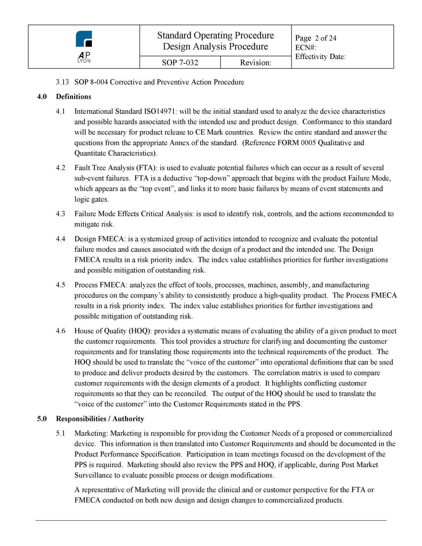 Medical Device Design Analysis Procedure - A. P. LYON