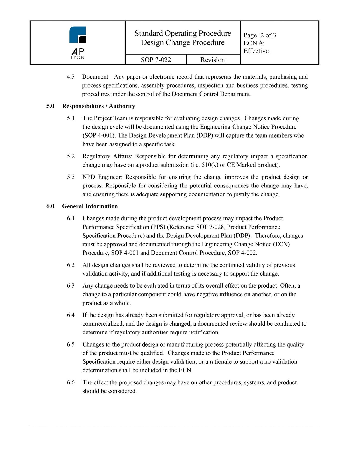 Medical Device Design Change Procedure - A. P. LYON