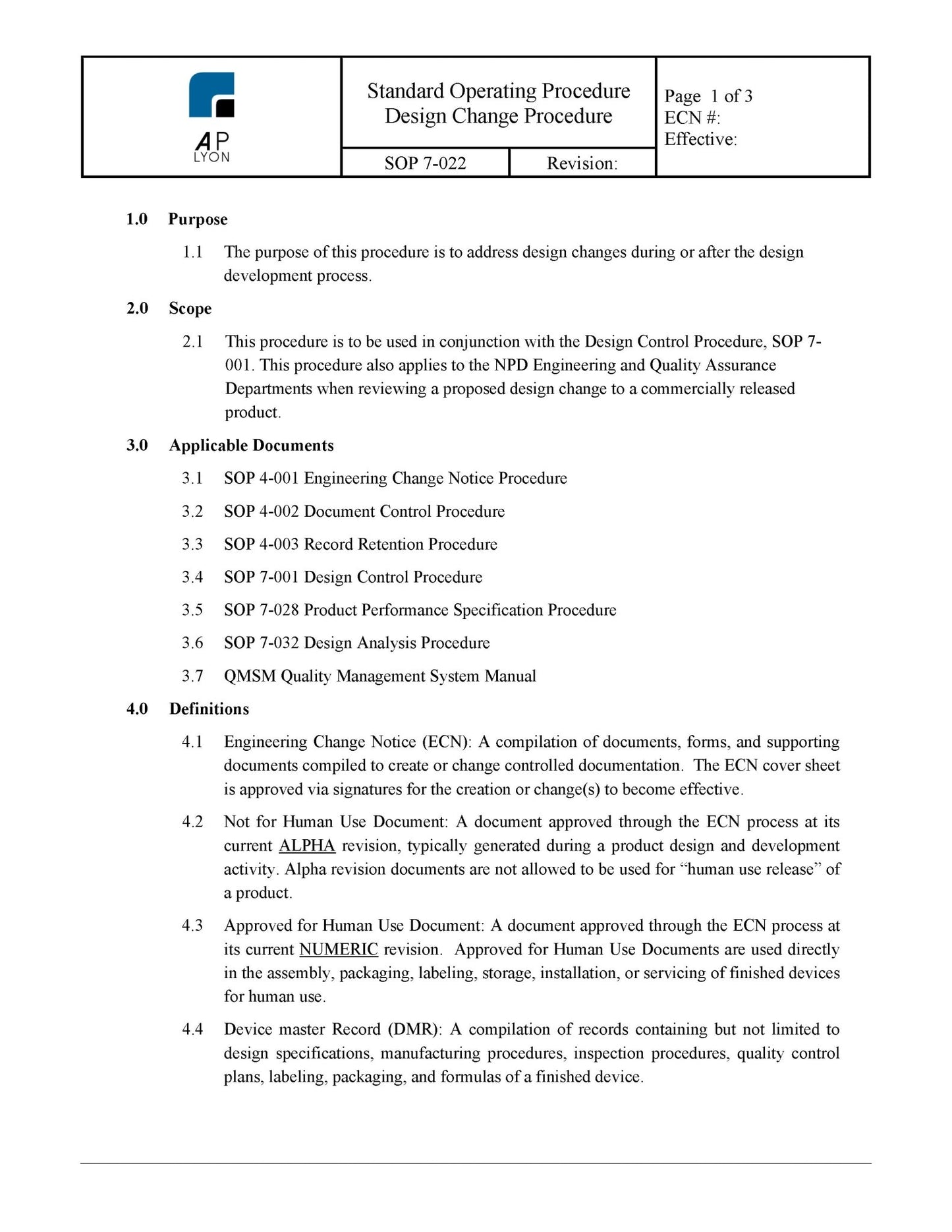 Medical Device Design Change Procedure - A. P. LYON