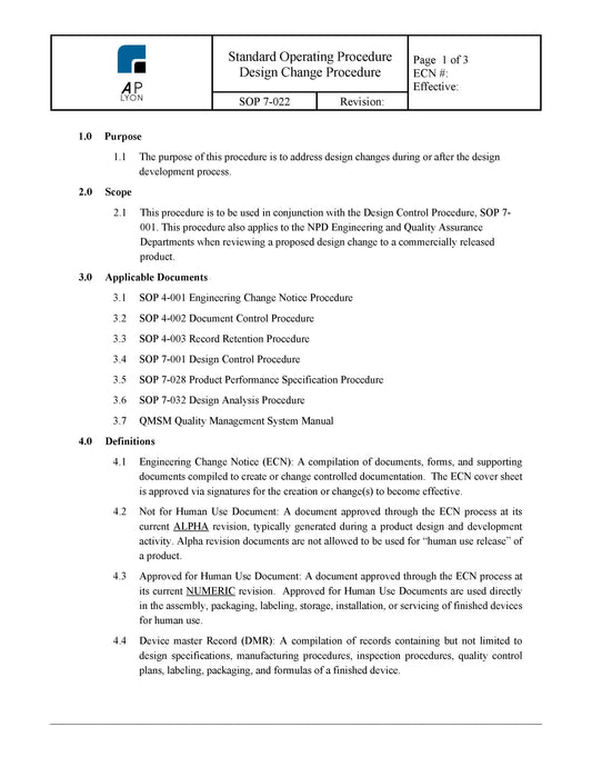 Medical Device Design Change Procedure - A. P. LYON