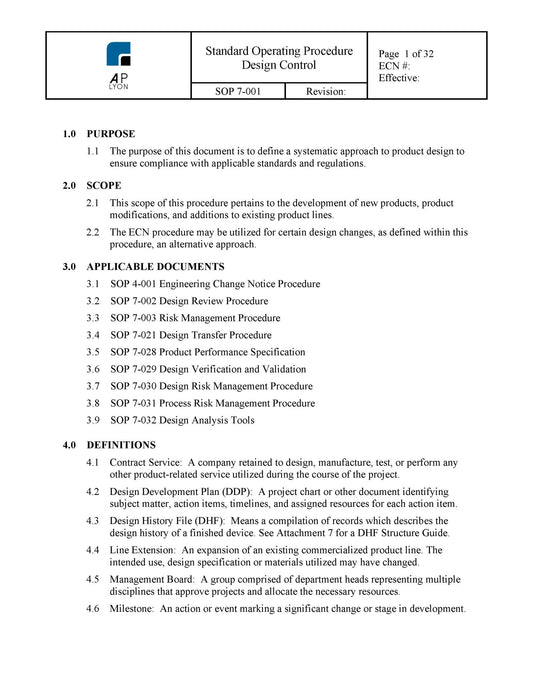 Medical Device Design Control Procedure - A. P. LYON