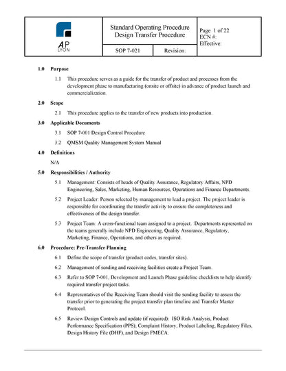 Medical Device Design Control Procedure Bundle - A. P. LYON