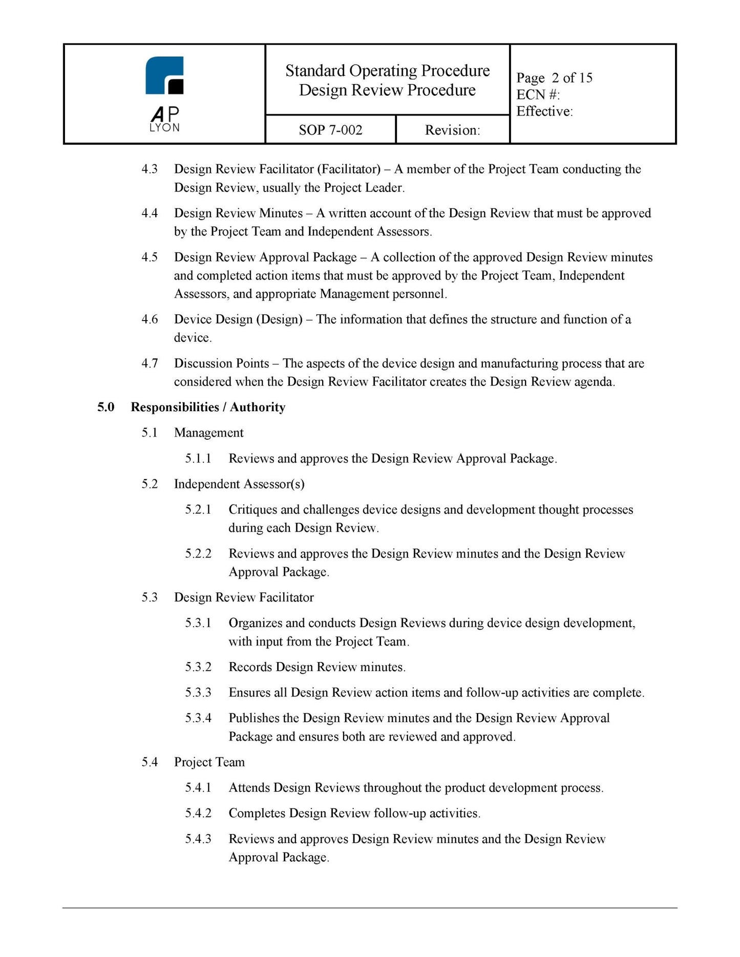 Medical Device Design Review Procedure - A. P. LYON