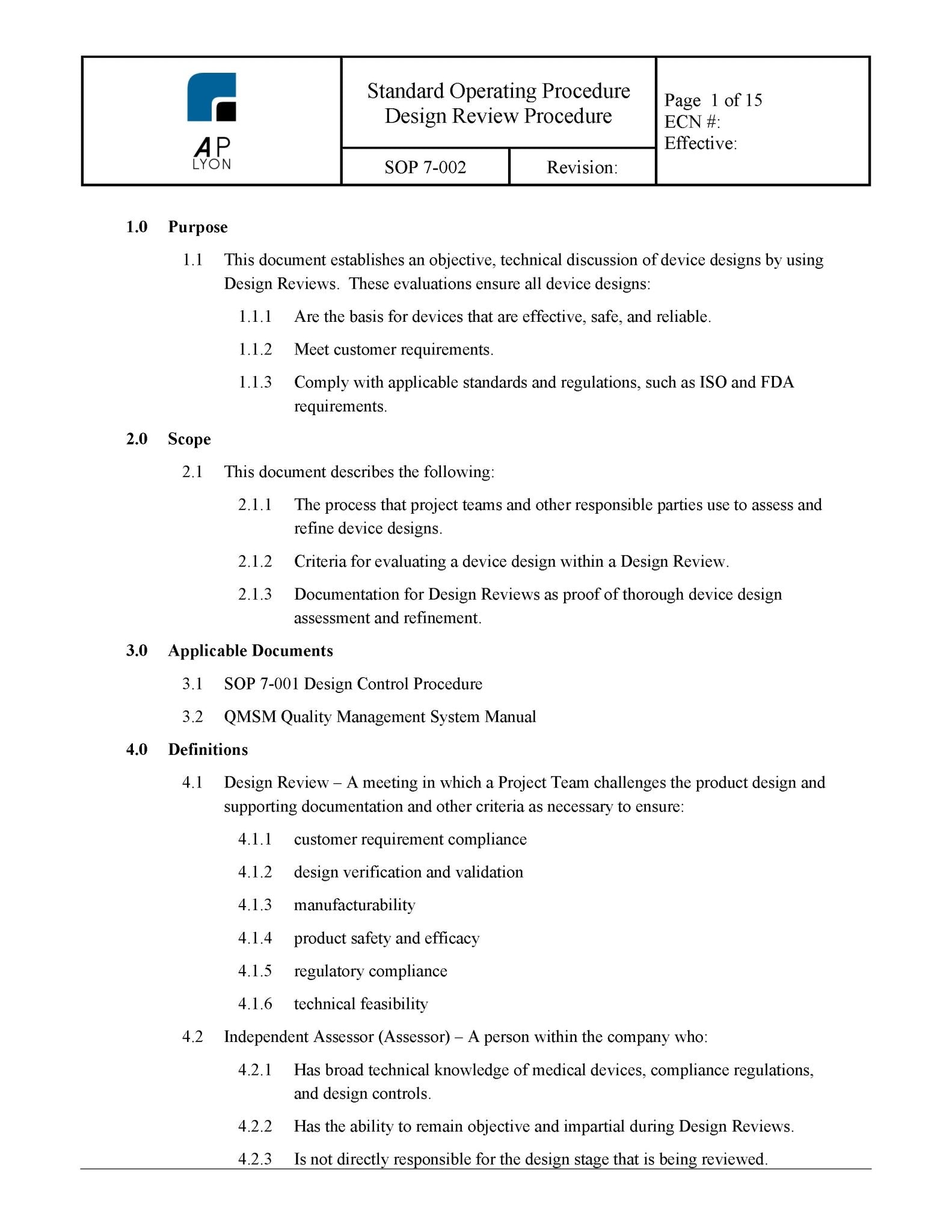 Medical Device Design Review Procedure - A. P. LYON