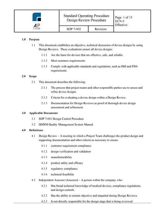 Medical Device Design Review Procedure - A. P. LYON