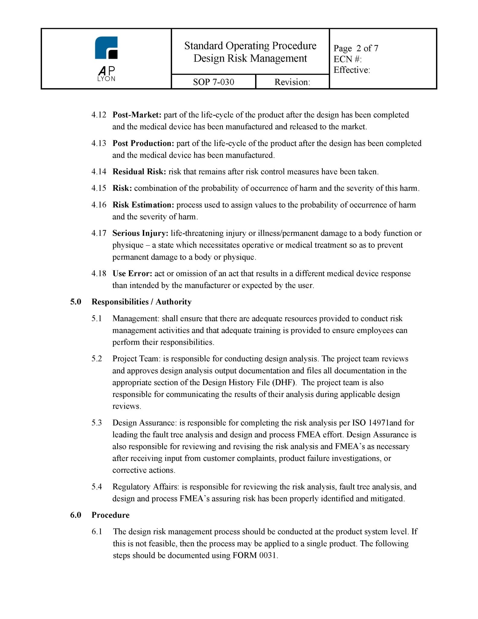 Medical Device Design Risk Management Procedure - A. P. LYON