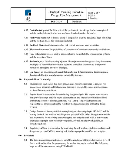 Medical Device Design Risk Management Procedure - A. P. LYON