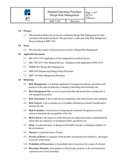 Medical Device Design Risk Management Procedure - A. P. LYON