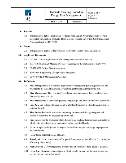 Medical Device Design Risk Management Procedure - A. P. LYON