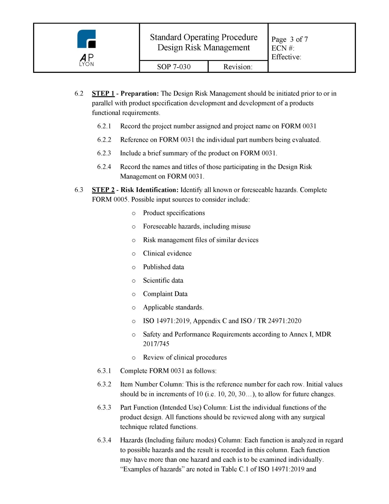 Medical Device Design Risk Management Procedure – A. P. LYON