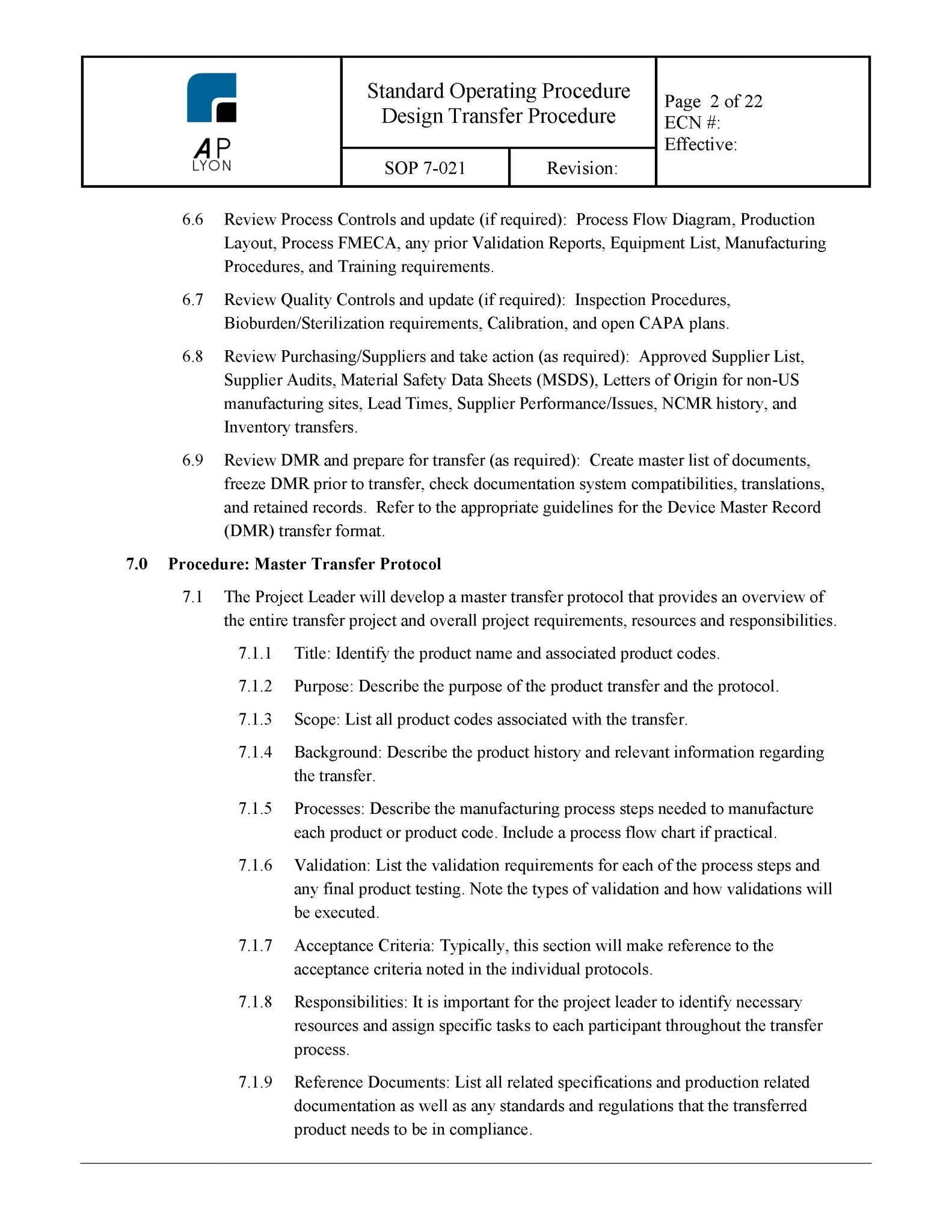 Medical Device Design Transfer Procedure - A. P. LYON