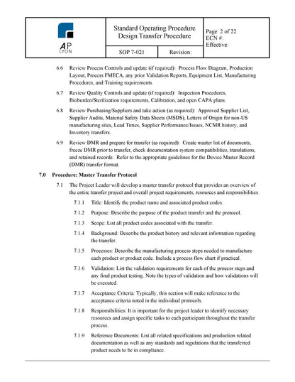 Medical Device Design Transfer Procedure - A. P. LYON