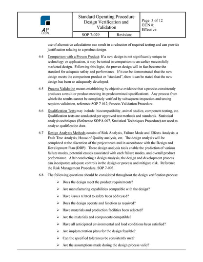 Medical Device Design Verification and Validation Procedure - A. P. LYON