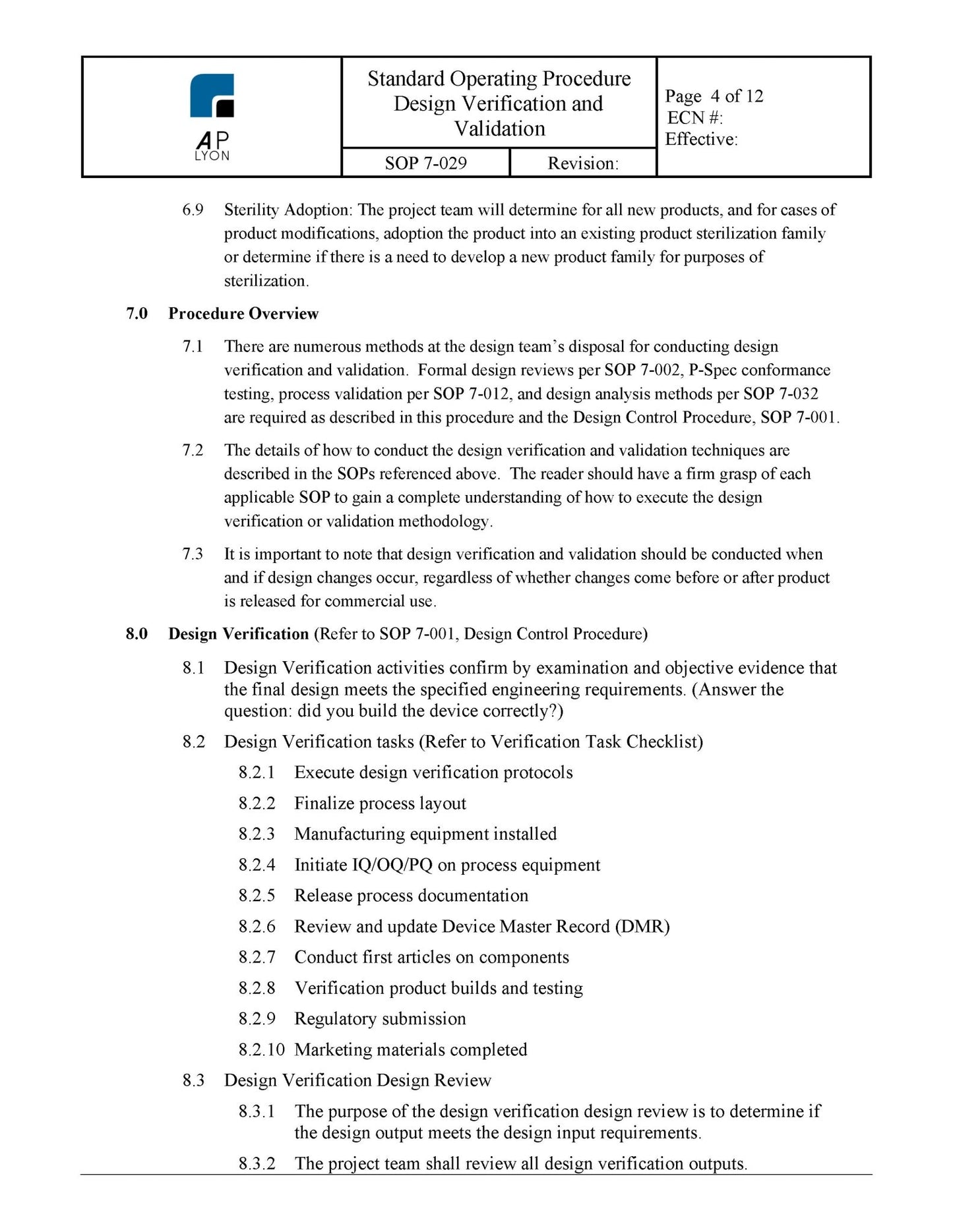 Medical Device Design Verification and Validation Procedure - A. P. LYON