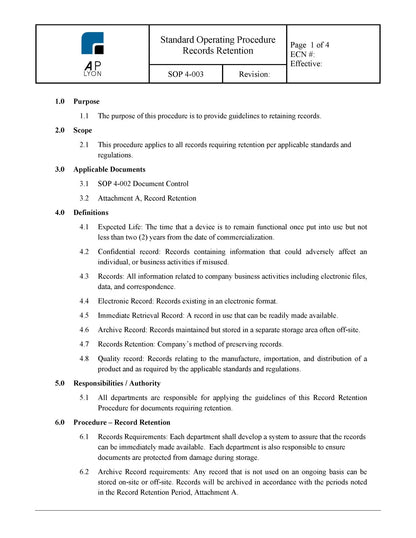 Medical Device Document Control Procedure Bundle - A. P. LYON