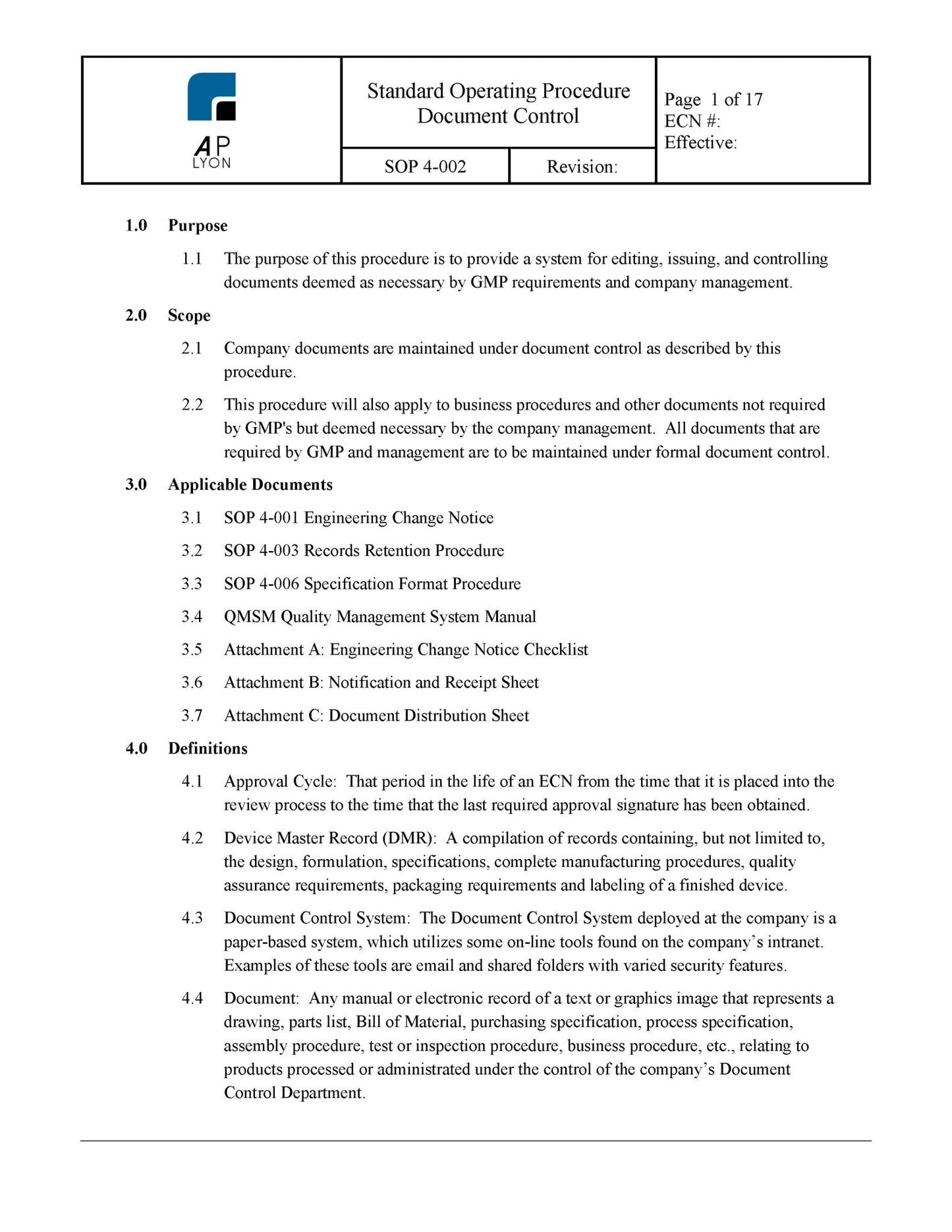 Medical Device Document Control Procedure Bundle - A. P. LYON