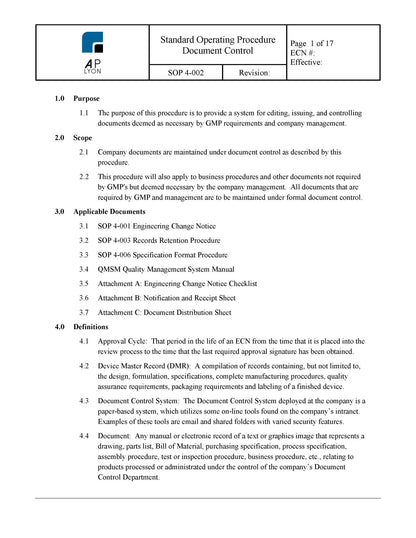 Medical Device Document Control Procedure Bundle - A. P. LYON