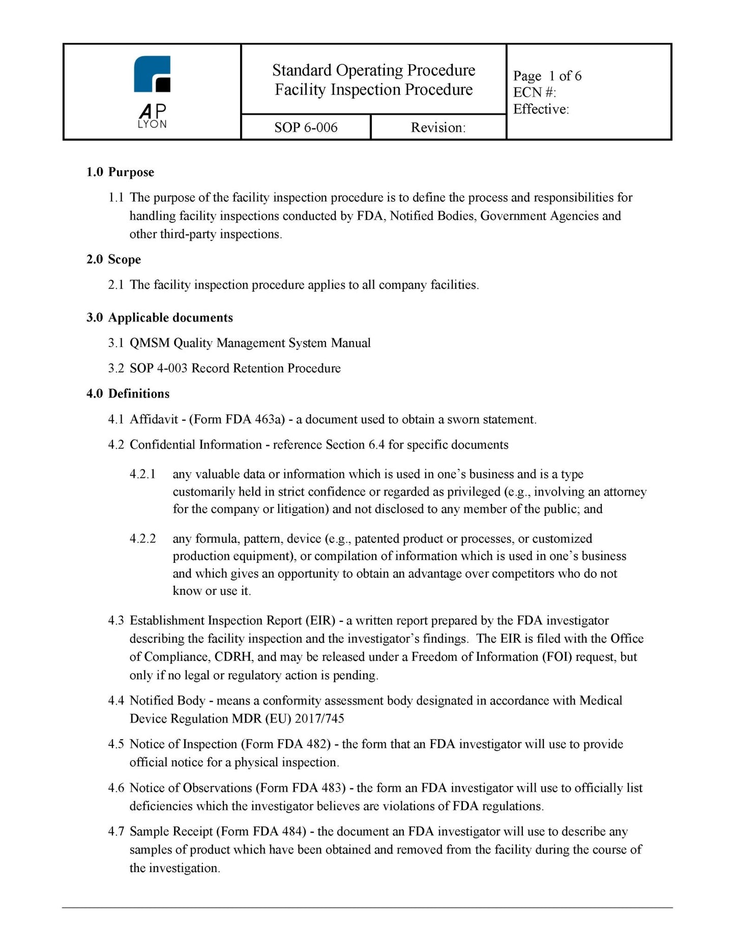 Medical Device Facility Inspection Procedure - A. P. LYON