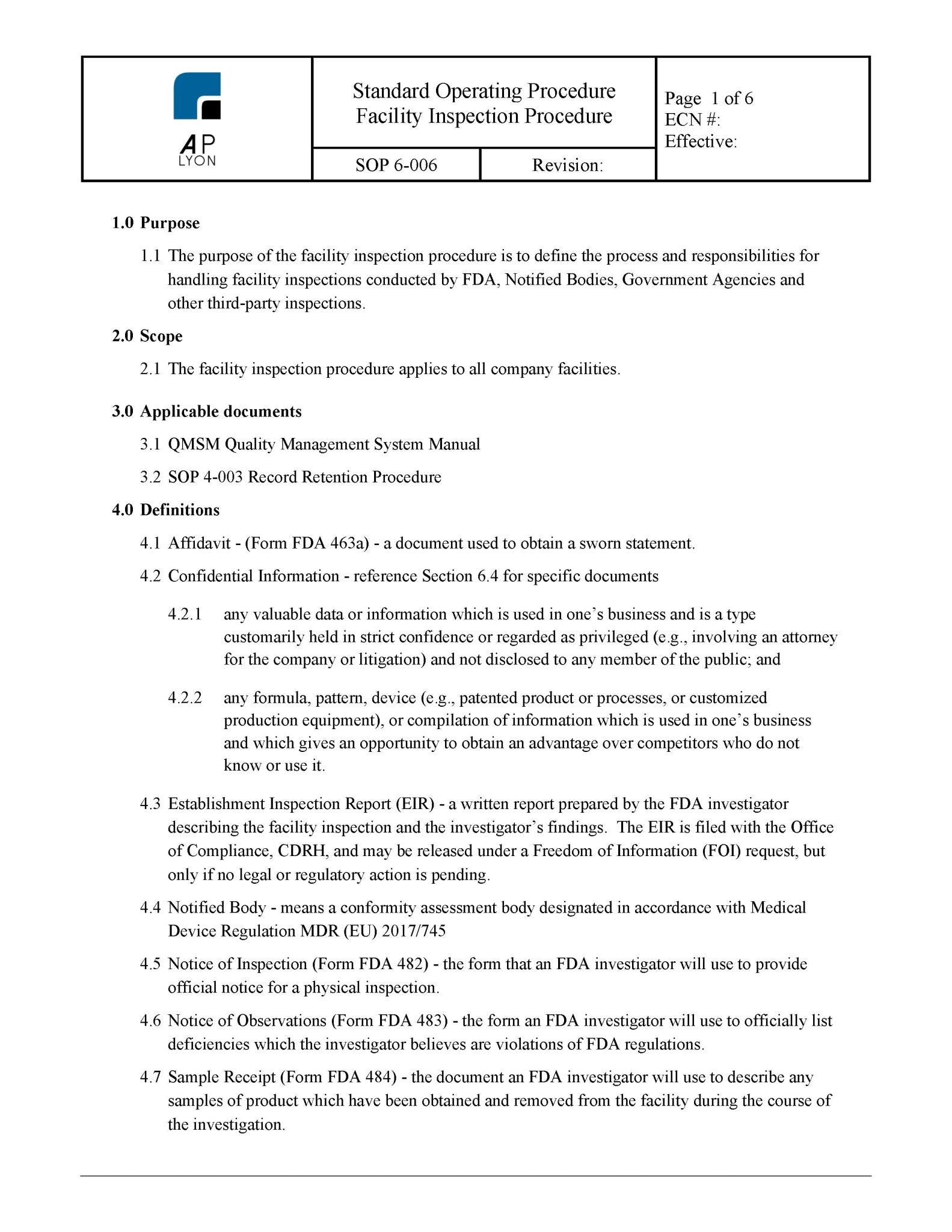 Medical Device Facility Inspection Procedure - A. P. LYON