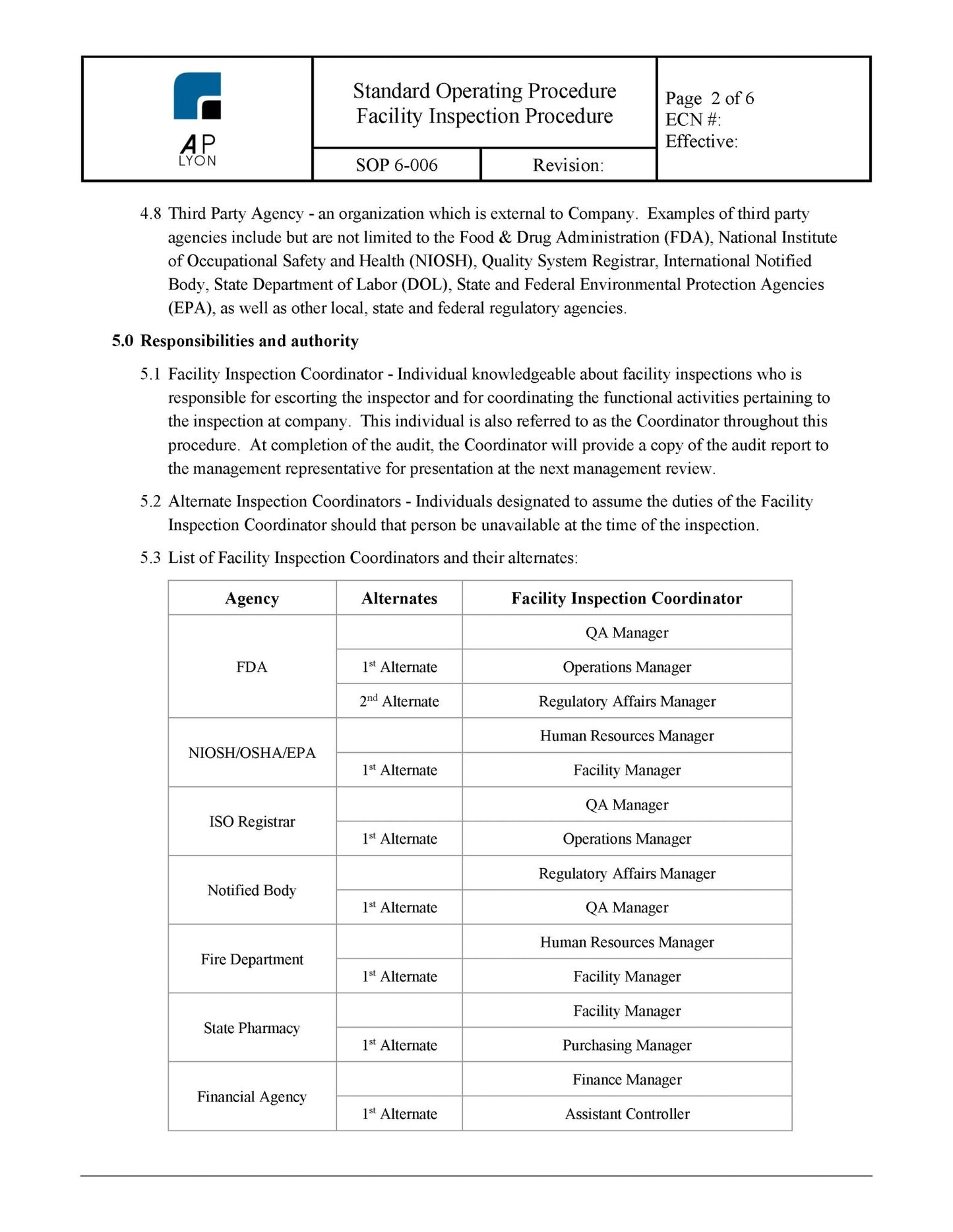 Medical Device Facility Inspection Procedure - A. P. LYON