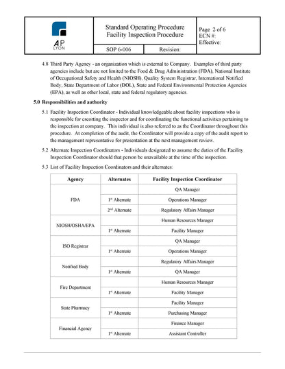 Medical Device Facility Inspection Procedure - A. P. LYON