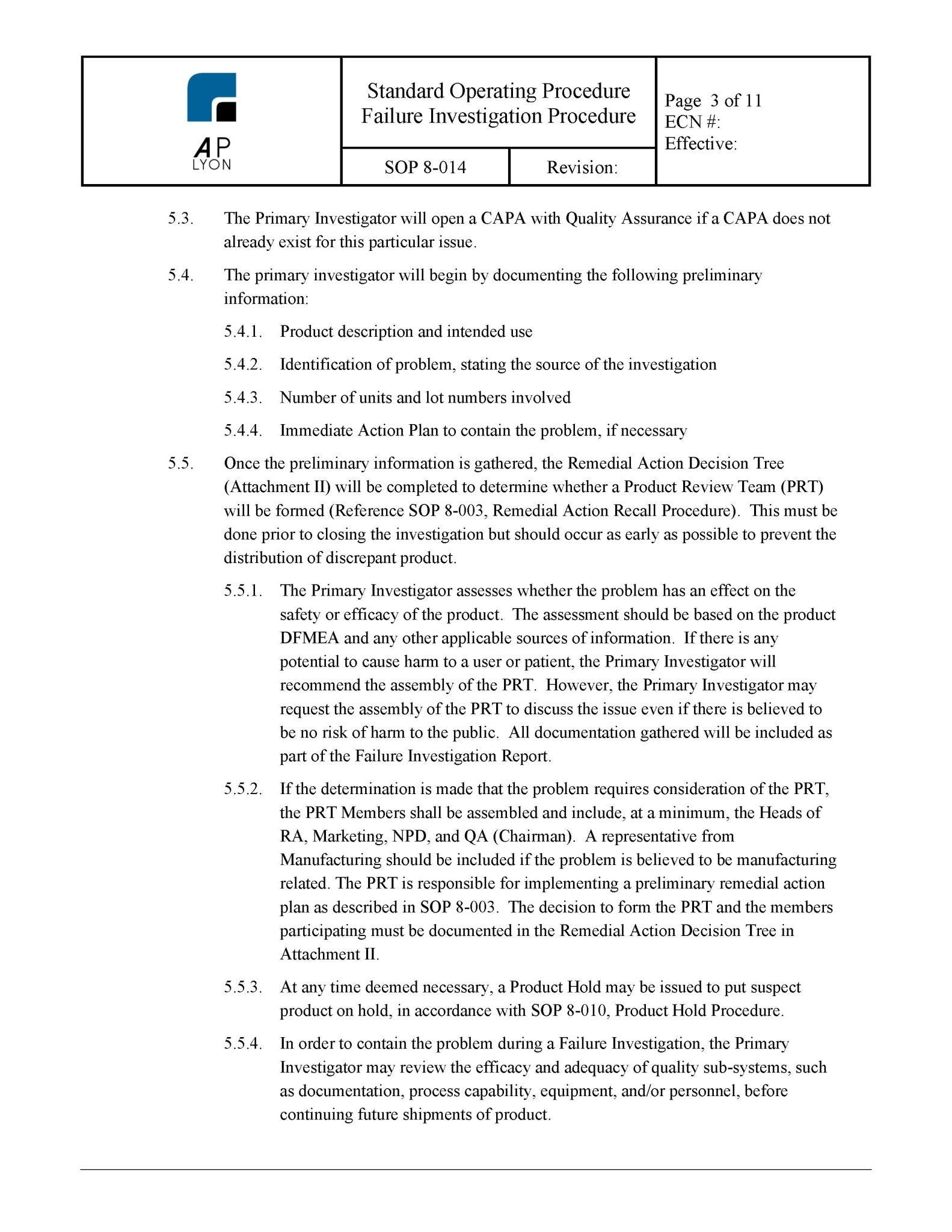 Medical Device Failure Investigation Procedure - A. P. LYON