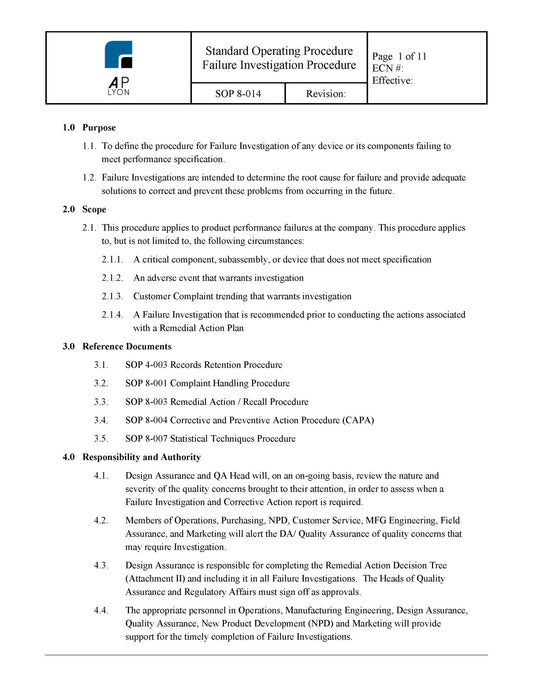 Medical Device Failure Investigation Procedure - A. P. LYON