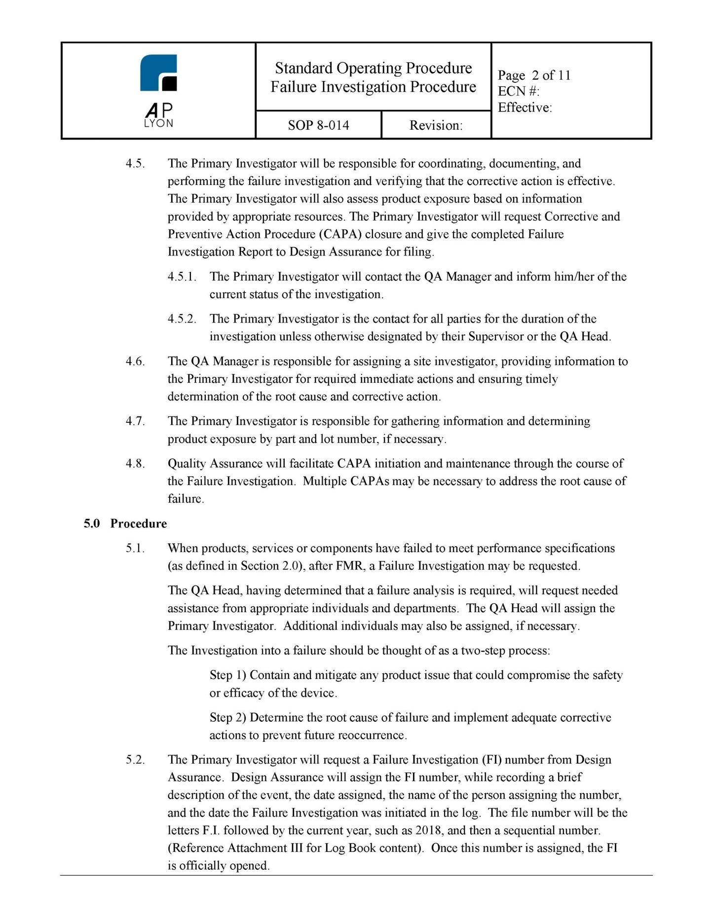 Medical Device Failure Investigation Procedure - A. P. LYON