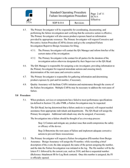 Medical Device Failure Investigation Procedure - A. P. LYON