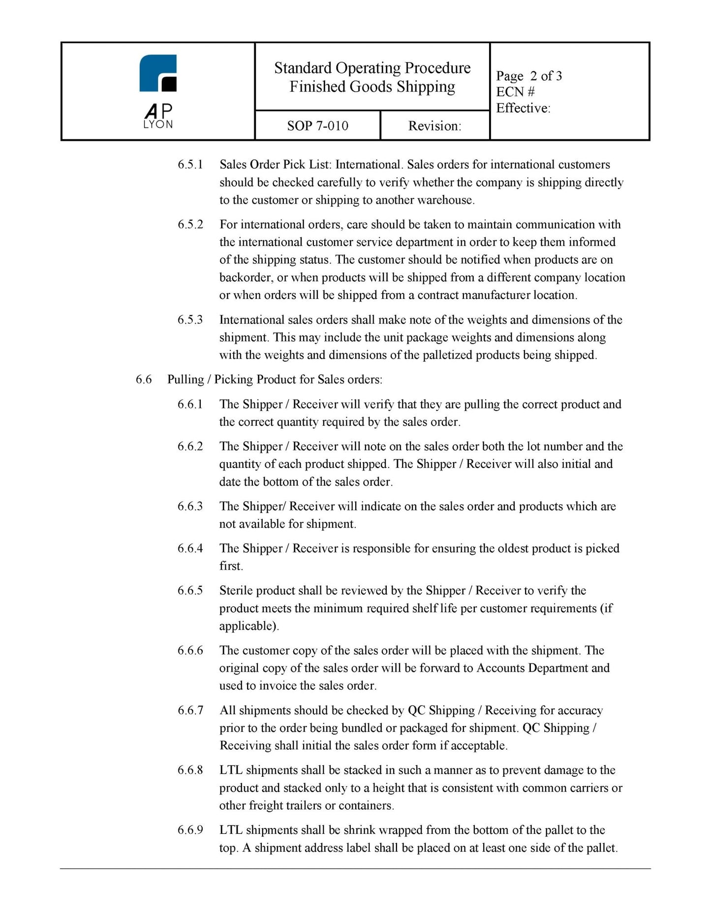 Medical Device Finished Goods Shipping Procedure - A. P. LYON