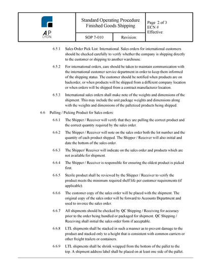 Medical Device Finished Goods Shipping Procedure - A. P. LYON