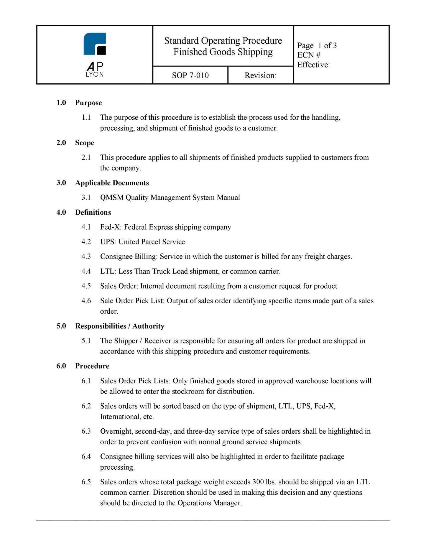 Medical Device Finished Goods Shipping Procedure - A. P. LYON