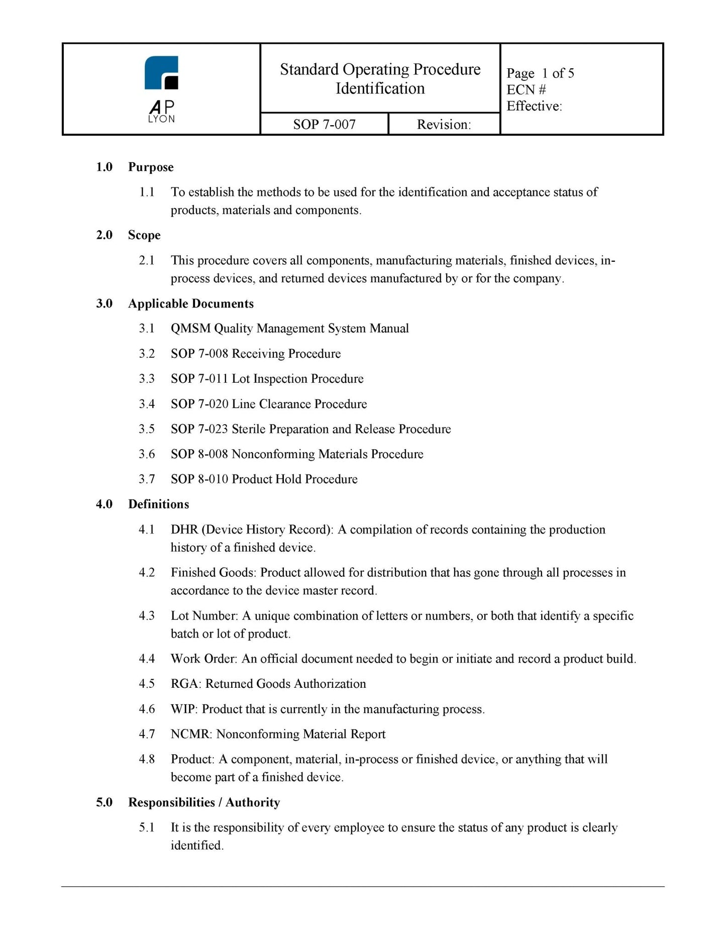 Medical Device Identification Procedure - A. P. LYON