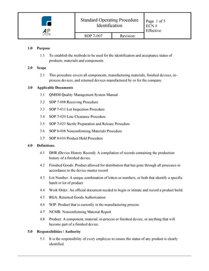 Medical Device Identification Procedure - A. P. LYON