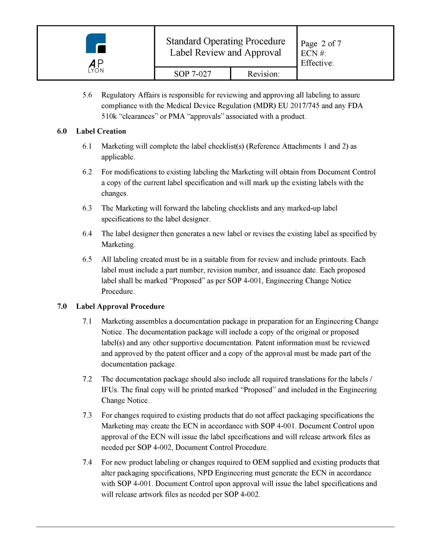 Medical Device Label Review and Approval Procedure - A. P. LYON