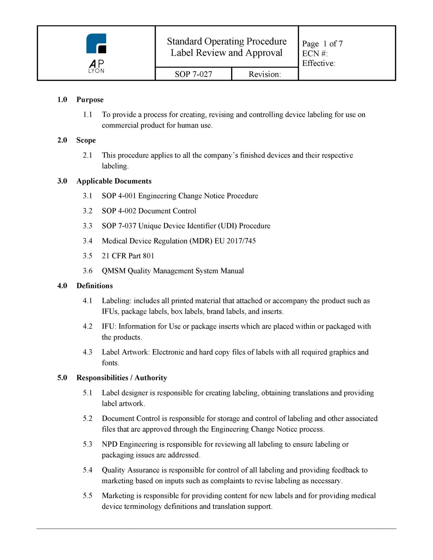 Medical Device Label Review and Approval Procedure - A. P. LYON