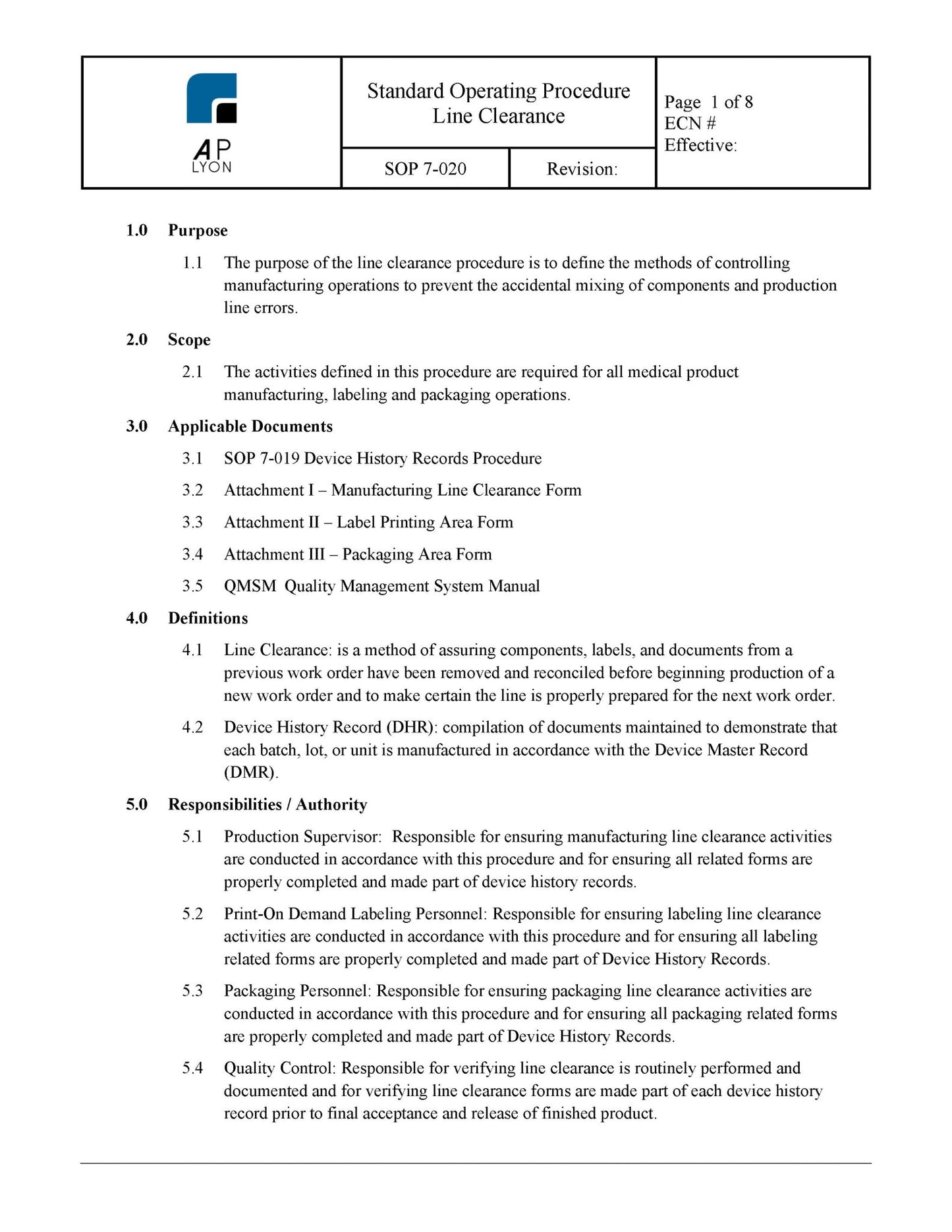 Medical Device Line Clearance Procedure - A. P. LYON