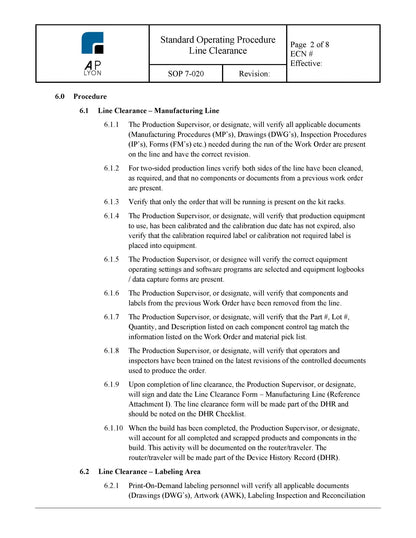 Medical Device Line Clearance Procedure - A. P. LYON