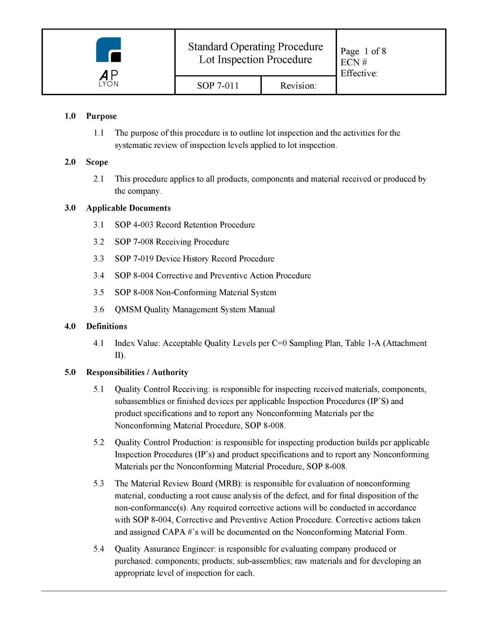 Medical Device Lot Inspection Procedure – A. P. LYON