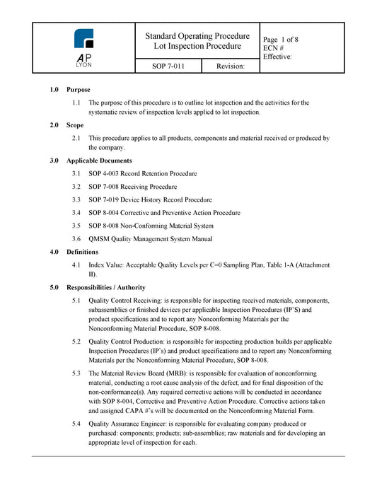 Medical Device Lot Inspection Procedure - A. P. LYON