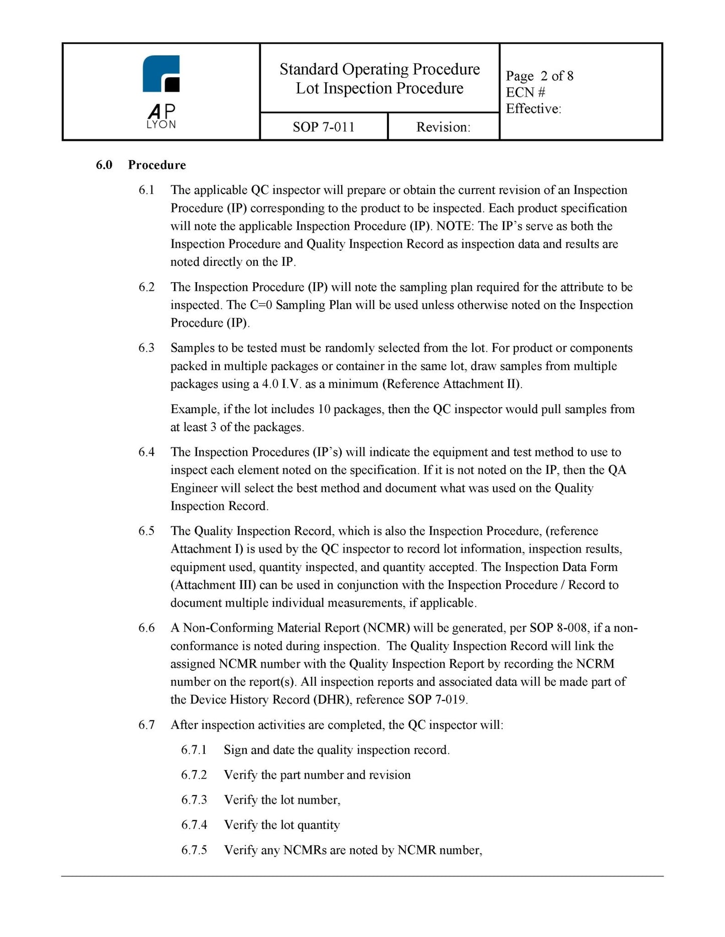 Medical Device Lot Inspection Procedure - A. P. LYON