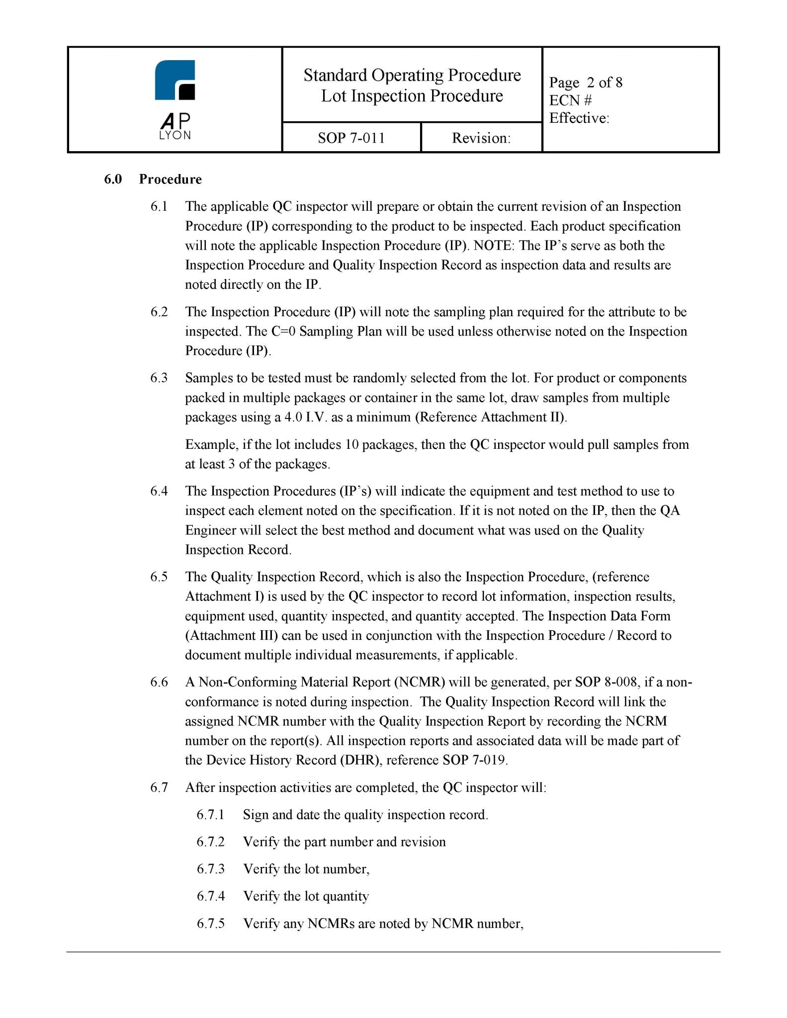 Medical Device Lot Inspection Procedure - A. P. LYON