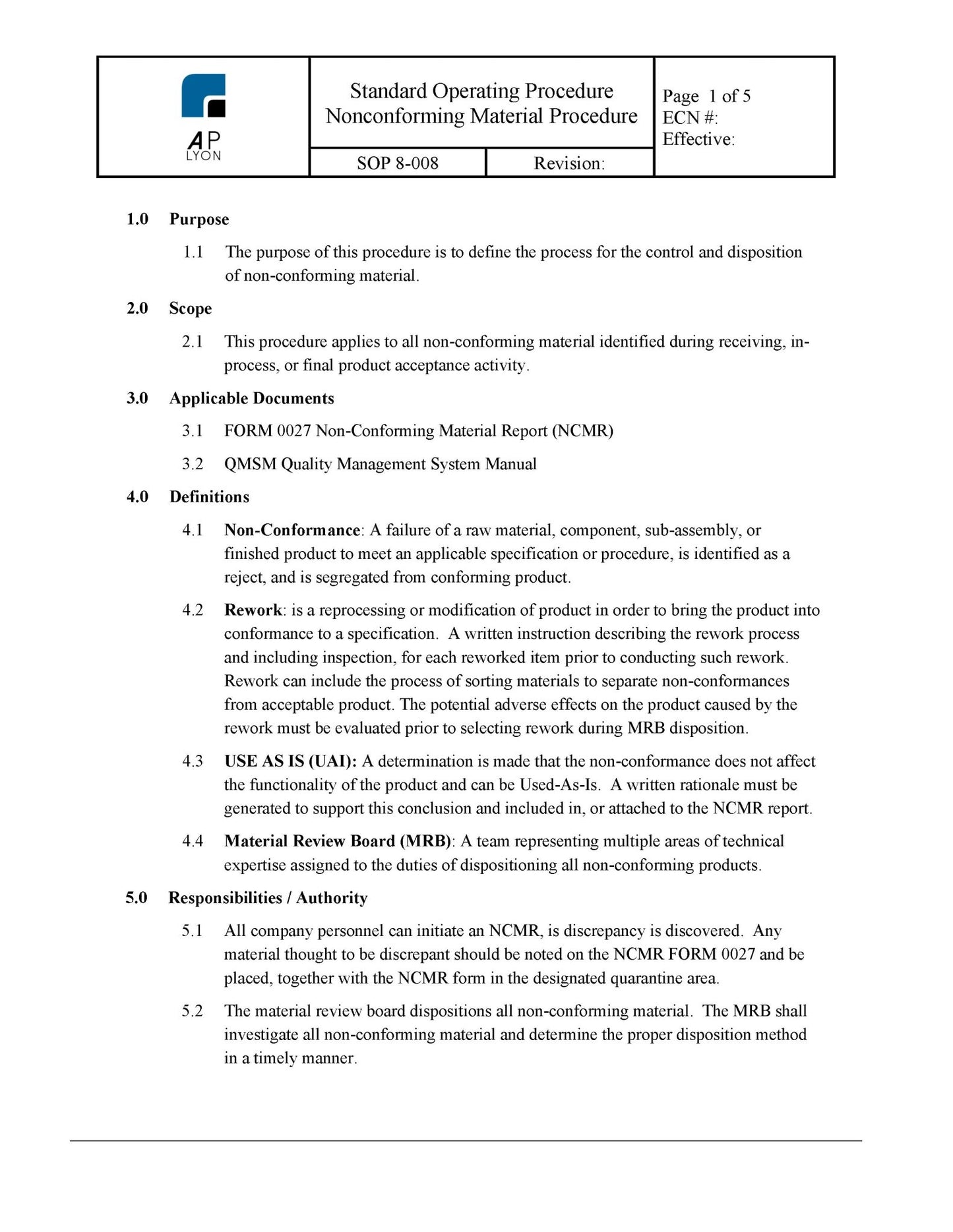 Medical Device Nonconforming Material Procedure - A. P. LYON