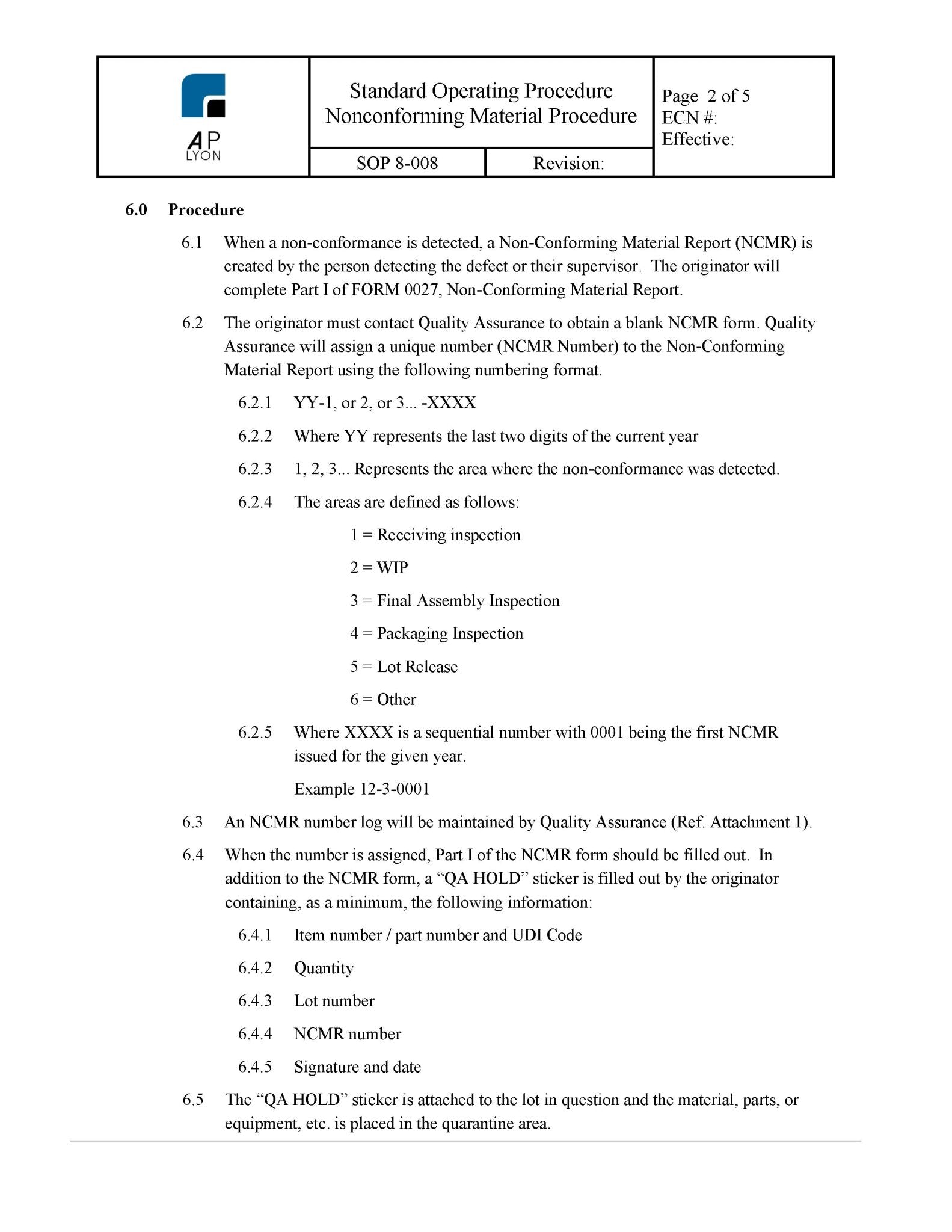 Medical Device Nonconforming Material Procedure - A. P. LYON